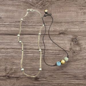 2-Piece Natural Beaded and Cord Necklace Set, Adjustable Earthy Boho Jewelry